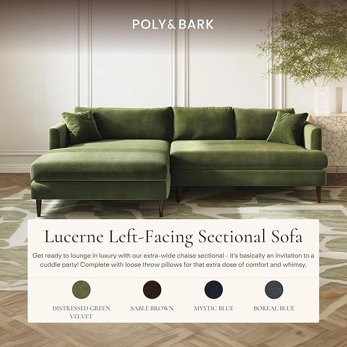 POLY & BARK 108" Lucerne Left-Facing Sectional Sofa with Extra-Wide Chaise – Upholstered in Distressed Green Velvet – Deep, Relaxed Modern Design for Living Room Lounging, Hosting and Everyday Comfort