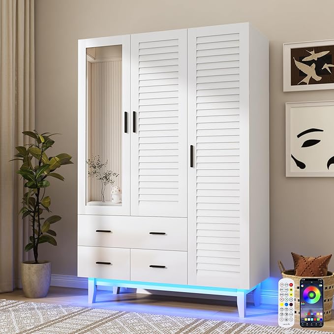 jiteentarou 3 Door Armoire Wardrobe Closet Cabinet with Drawers and LED Lights, Multi-Tier Shelves, Hanging Rod & 3 Louver Doors, Large Capacity Storage Wardrobe Armoire for Bedroom(3 Doors White)