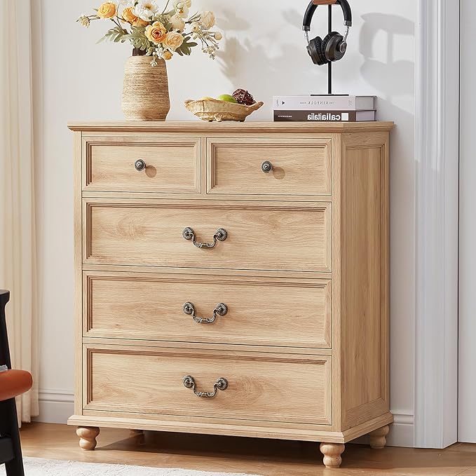 Joaxswe Farmhouse 5 Drawer Dresser for Bedroom, 35" Tall Rustic Chests of Drawers w/ 4 Solid Wood Feet, Mid Century Modern Wooden Closet Storage Dressers Organizer for Living Room, Hallway,Natural by Joaxswe