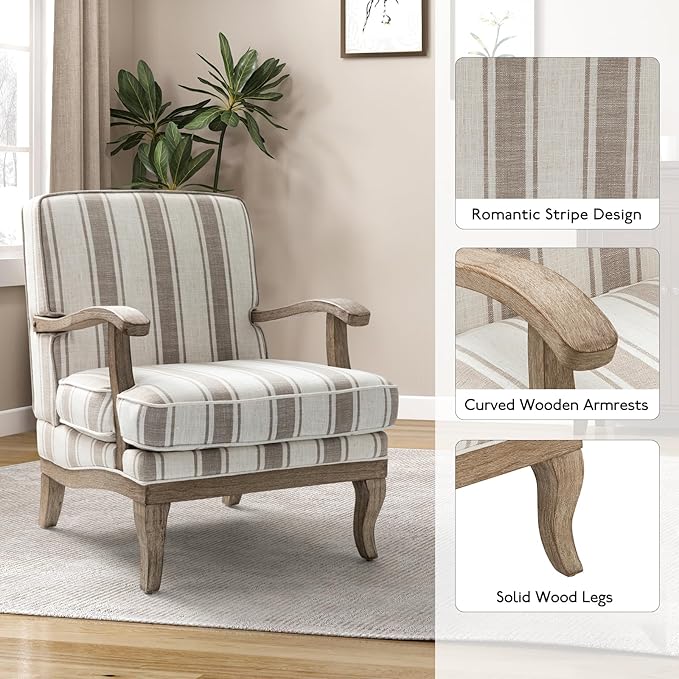HULALA HOME Mid-Century Modern Chair Set of 2, Upholstered Accent Chair with Graceful Curves and Wooden Legs, Comfy Lounge Armchair Striped Accent Chairs for Living Room, Bedroom (TAN)