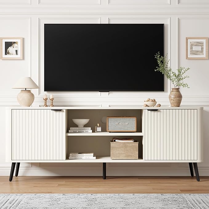 Fatmok TV Stand, 58" Modern Media TV Console Table with Storage for 55/60/65 inch TV, Mid Century Entertainment Center with Fluted Door Cabinets and Open Shelves TV Cabinet for Living Room, Bedroom by Fatmok