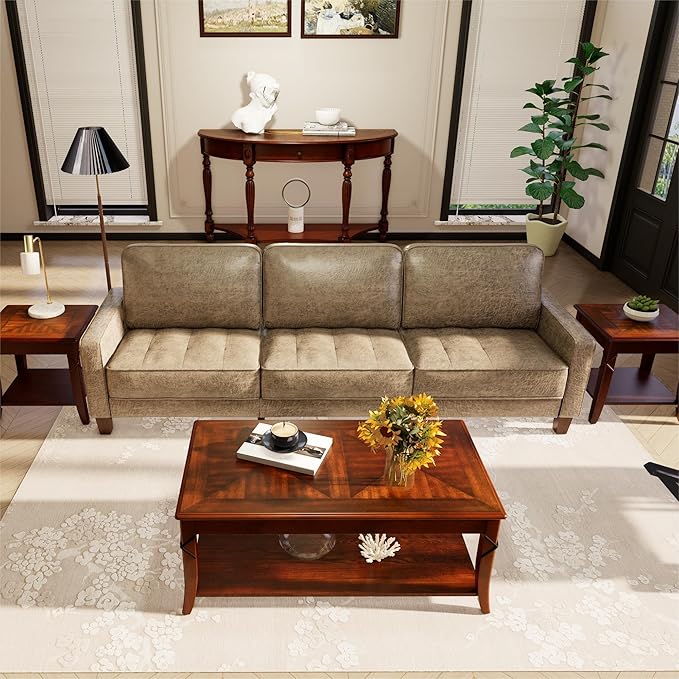 LEEMTORIG Solid Wood Coffee Table for Living Room, Cherry Cocktail Table with Storage Shelf, Mid Century Queen Anne Style Coffee Tables 43.3" Wx23.6 Dx17.7 H, Easy Assembly, Cherry Brown KFZ-DR200