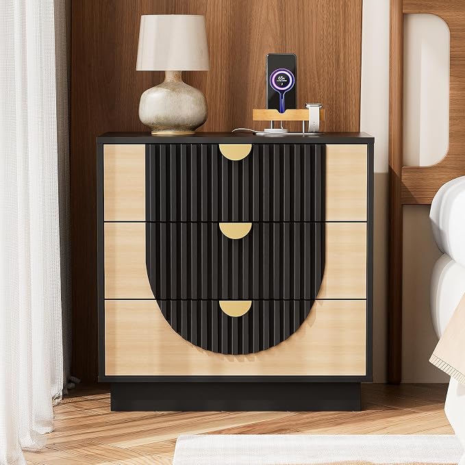 3 Drawer Nightstand with Charging Station,28" Fluted Night Stand & Modern Bedside Table, Wood End Table Storage Cabinet for Bedroom Hallway, Entryway,Black - Image 8