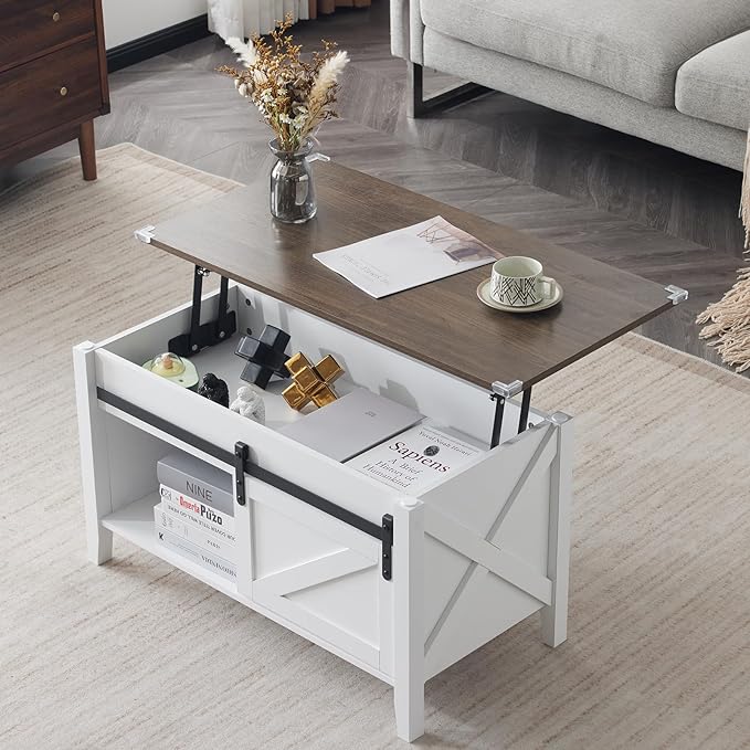 VINGLI Farmhouse Lift Top Coffee Table, Rustic Grey with Storage Shelf/Hidden Compartment, Mesa De Centro para Sala, Rustic Brown (White Oak, 36" L)