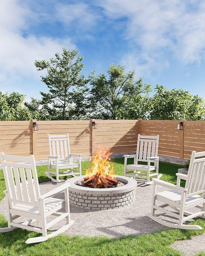 Garvee HDPE Rocking Chair Outdoor Set of 4 - Poly High Back Porch Rocker Chairs for Adults - All Weather Resistant Furniture for Patio Front Porch - White by Garvee