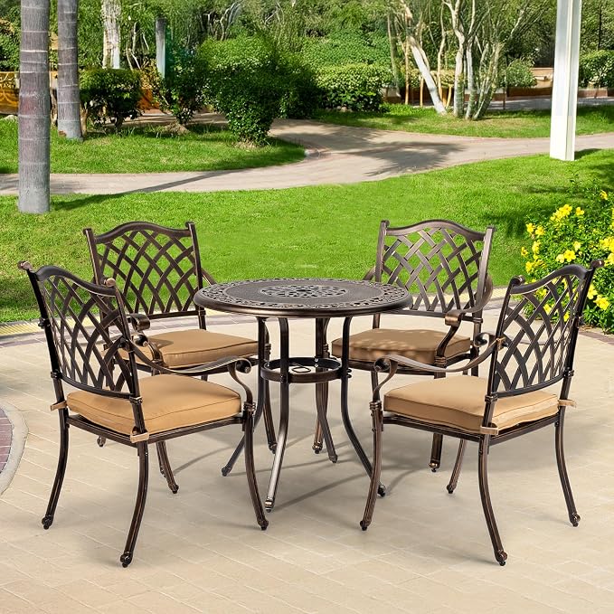 VINGLI Patio Chairs Set of 4- Stackable Outdoor Cast Aluminum Dining Chairs with Vintage Bronze Finish and Diamond Pattern, Metal Armchairs for Poolside, Backyard, Balcony (with Cushion) - Image 2