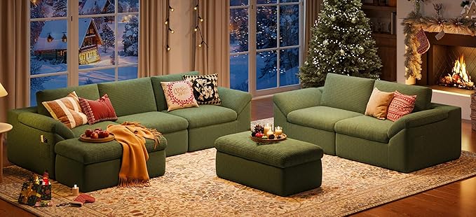 LINSY HOME Modern Boneless Cloud Couch Set with Movable Ottomans, Deep Seat Corduroy Secional Sofa Couch Sets for Living Room, Apartment, Office, No Assembly Required, Green