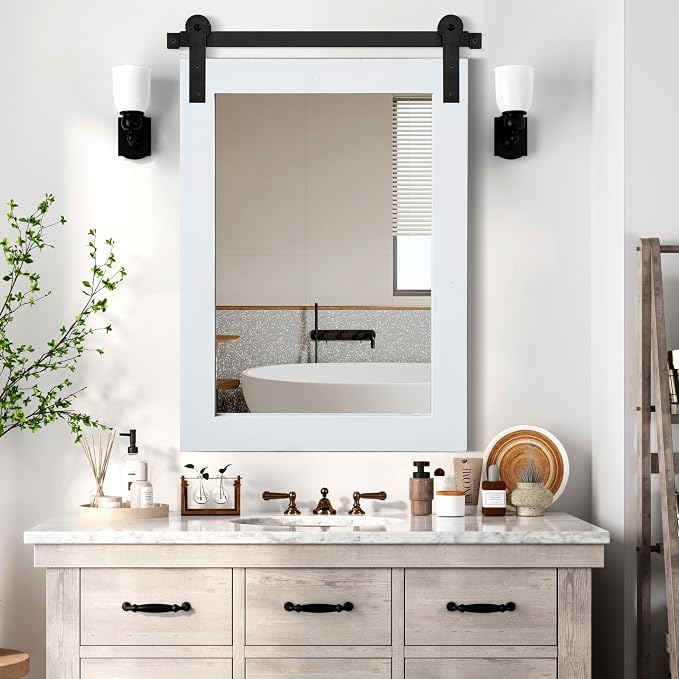 COGOOD Farmhouse Barn Door Mirror - 25 x 38 Rustic Bathroom Mirror for Living Room, Entryway, Vanity Wall Decor (Pure White) by COGOOD