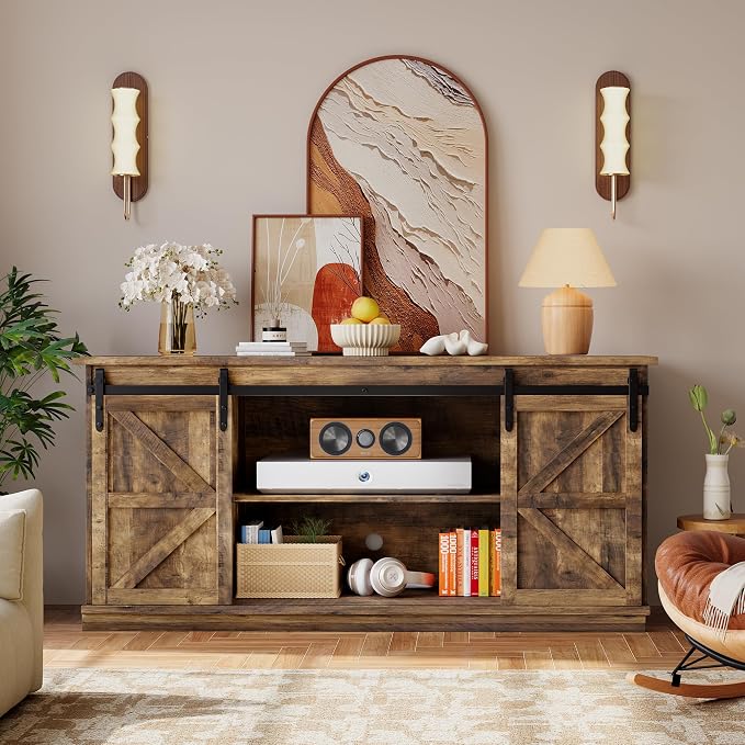 YESHOMY Farmhouse TV Stand for Televisions up to 65 Inch, Wood Entertainment Center with Sliding Barn Doors and 4 Storage Drawers, 58’’ Media Console Cabinet with Shelves for Living Room, Barnwood - Image 3