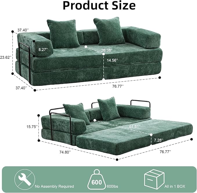 Convertible Floor Sofa Bed, Fold Out Floor Couch with Pillow Back & Armrest, Compressed Couch with Fixed-Shape Frame, Chenille Foldable Sleeper Sofa Bed for Living Room Bedroom, Dark Green