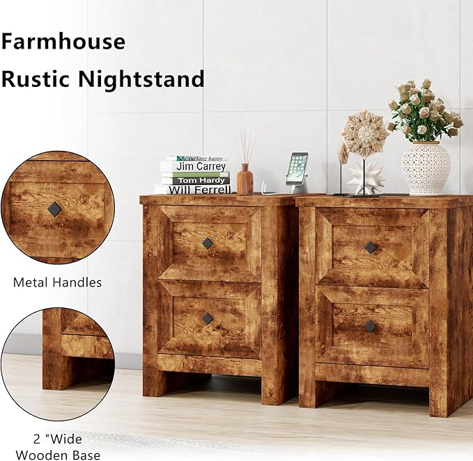 LUXOAK 3 Pieces Bedroom Sets, Includes Full Size Lift Up Storage Platform Bed Frame, 2 Drawers Farmhouse Nightstand Set of 2 with Charging Station, No Box Spring Needed, Rustic Brown