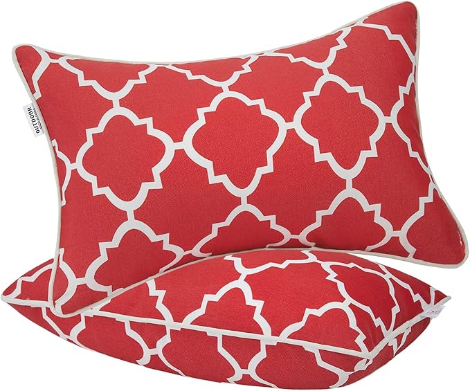 JMGBird 12×20 Inch Outdoor Lumbar Pillows Pack of 2 Water-Repellent Throw Pillows with Insert Rectangular Decorative Garden Cushion for Home Furniture Patio Coach Sofa (Red)