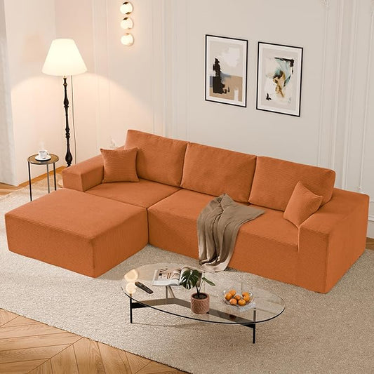 108" L-Shaped Boneless Couch, High Seat Modular Sectional Sofa with Moveable Ottoman, Corduroy Cloud Couches for Living Room, No Assembly, Ship in a Box, Orange | Modular Flexibility