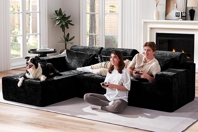 Homguava Modular Sectional Couches for Living Room,105" Cloud Couch with L-Shape Chaise,Comfy Sofa Living Room Couch with Deep Seat,No Assembly L Couch,Luxury Distressed Velvet(Black,L)