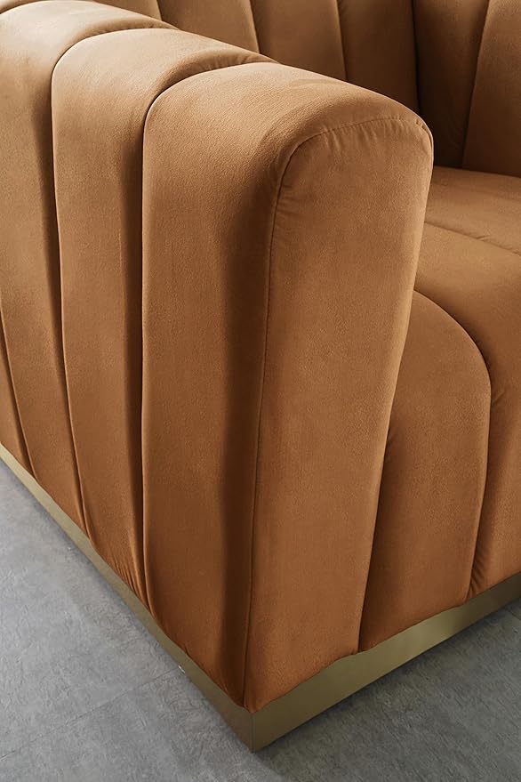 Meridian Furniture 603Saddle-S Marlon Collection Modern | Contemporary Velvet Upholstered Sofa with Deep Channel Tufting, Stainless Steel Base in a Brushed Gold Finish, Saddle, 86.5" W x 34" D x 28" H