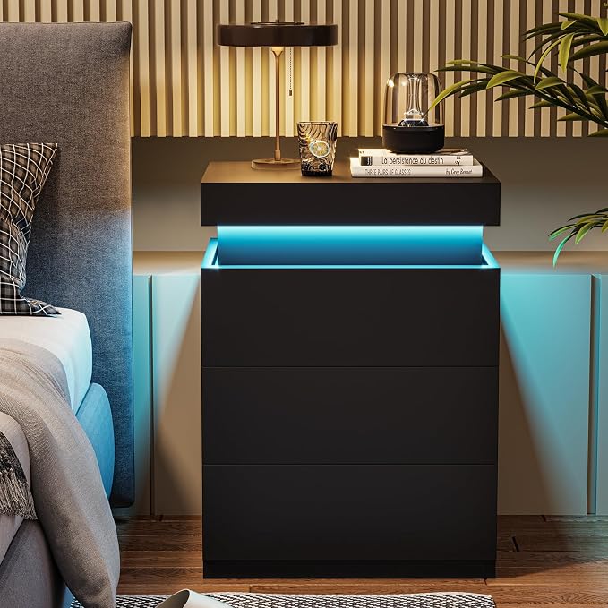 ADORNEVE Nightstand with Charging Station and LED Lights,Night Stand with Sliding Top,Bedside Table with Drawers,Modern End Side Table for Bedroom,Black by ADORNEVE