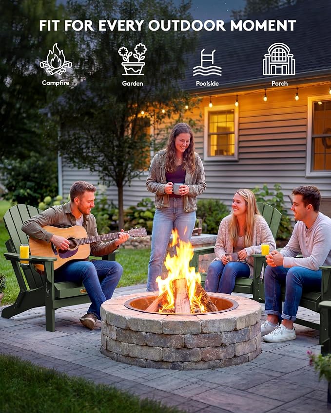 SERWALL Folding Adirondack Chair for Patio Garden, All-Weather Outdoors Chairs with Cup Holder, Wooden Textured Fire Pit Chairs for Poolside, Backyard, Lawn - Army - Image 8