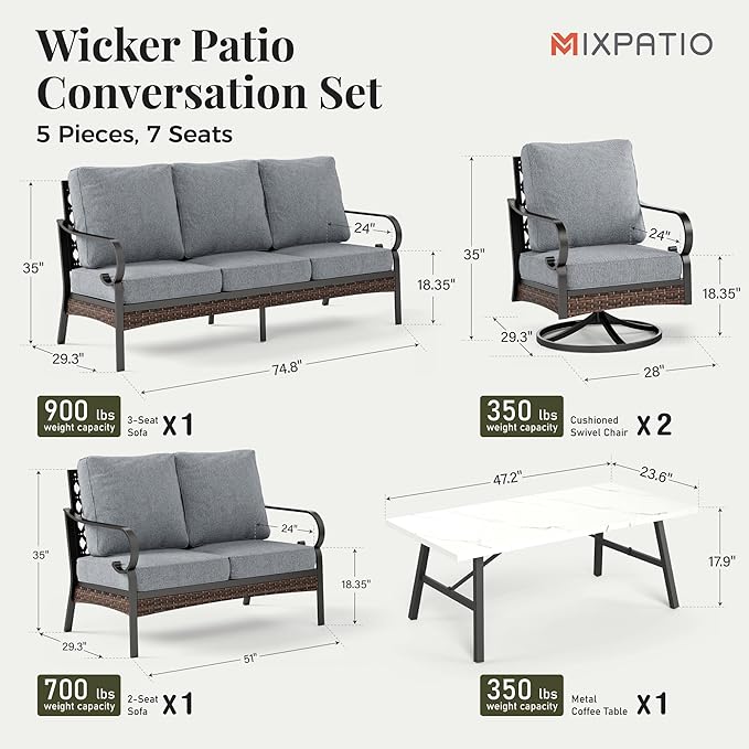 Patio Furniture Set with Coffee Table, Outdoor Conversation Set with 2 x Swivel Chairs, 1 x 2-Seat Sofa, 1 x 3-Seat Sofa for Lawn Garden Backyard, Grey