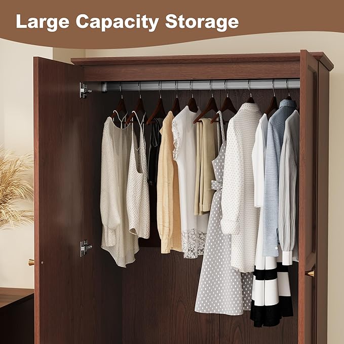 HLR 71" Mid-Century Modern Armoire Wardrobe Closet with Doors and Drawers,Wooden Armoire Storage Cabinet with Hanging Rod for Bedroom,Large Capacity Storage,Brown