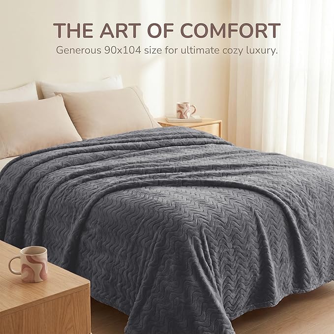 Exclusivo Mezcla King Blanket for Bed, Cozy Lightweight Fleece Blankets for All Season, Decorative Giftable Fuzzy Plush Wave Textured Suitable for Women, Men, Dark Grey, 90x104 Inches