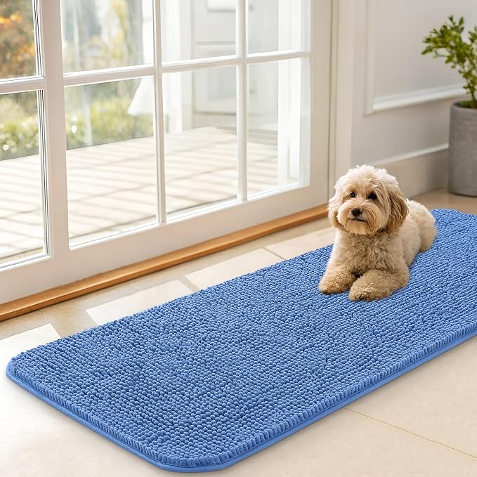 OLANLY Dog Door Mat for Muddy Paws 47x17, Absorbs Moisture and Dirt, Absorbent Non-Slip Washable Doormat, Quick Dry Chenille Mud Mat, Entry Indoor Entryway Carpet for Inside Floor, Cornflower Blue by OLANLY