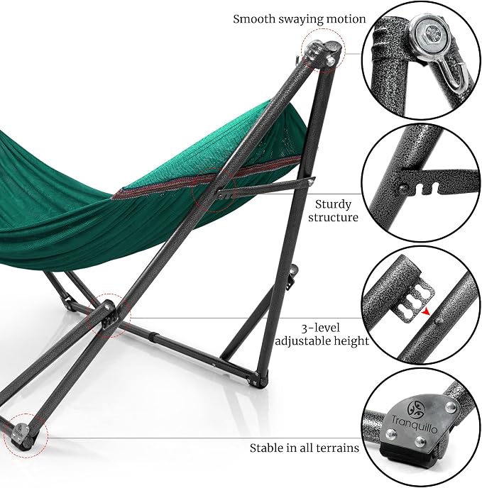 Tranquillo Double Hammock with Stand Included for 2 Persons/Foldable Hammock Stand 600 lbs Capacity Portable Case - Inhouse, Outdoor, Camping, Peacock - Image 8