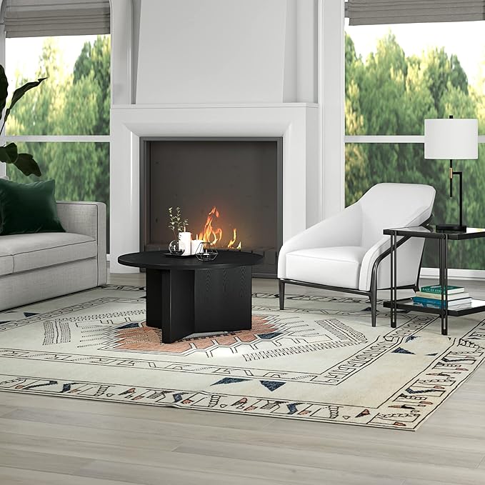 Henn&Hart 32" Round Wood Pedestal Coffee Table for Living Room, Family Room, Office, or Apartment, Natural Black