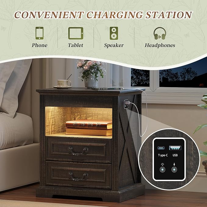 Dystler Night Stand with Gun Drawer, Bedside Table with LED Light & Human Sensor, Nightstand Gun Safe with 2 Drawers for Bedroom, Farmhouse End Table with Charger Station, Rustic Brown - Image 4