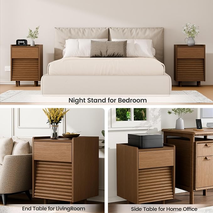 Wooden Night Stand with LED Light Set of 2, Modern Mid-Century Side Table, 2-Drawer Bedside End Table with Solid Wood Legs for Bedroom, Dorm and Small Spaces, Walnut - Image 9