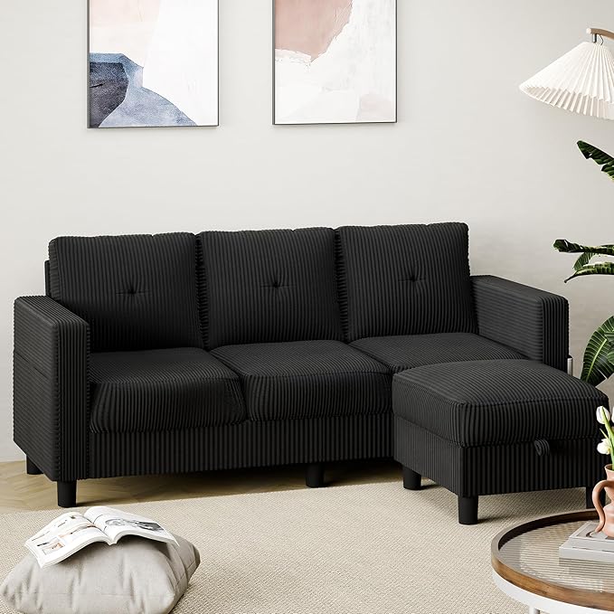 Shintenchi Modern Upholstered Sectional Sofa, L-Shaped Couch with Storage Ottoman and Reversible Chaise for Living Room, Black Corduroy Fabric