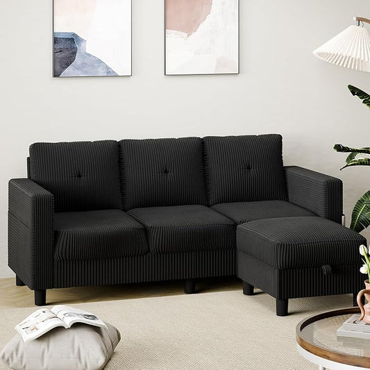 Shintenchi Modern Upholstered Sectional Sofa, L-Shaped Couch with Storage Ottoman and Reversible Chaise for Living Room, Black Corduroy Fabric