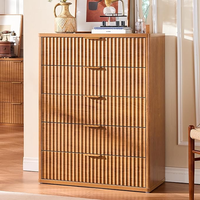 LEYAOYAO Fluted 5 Drawers Dresser for Bedroom Set of 2, 41" Tall Modern Chest of Drawers with Metal Handle, Curved Profile Design,Brown Wood Drawer Organizer for Bedroom, Living Room, Hallway - Image 3