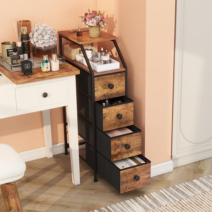 Tohomeor Narrow Dresser Tall Skinny Storage Tower Vertical Slim Chest of Drawers with Charging Station Small Nightstand Side Table for Bedroom, Bathroom, Small Spaces (Rustic Brown, 4 Drawers) - Image 5