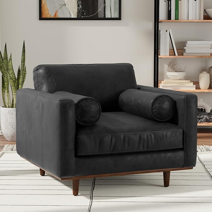 SIMPLIHOME Morrison Arm Chair - 42 inch Wide Upholstered Genuine Leather Mid-Century Modern Accent Chair in Lead Black with Solid Wood Legs, Reversible Bolster Pillows and Reclined Back