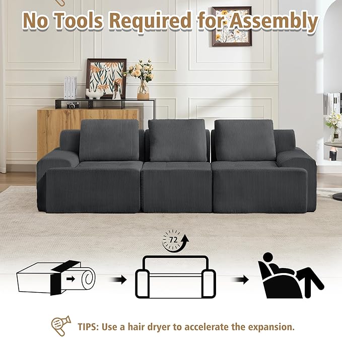 KIGOTY Modular Sectional Sofa, 3 PCS Comfy Cloud Sectional Couch with Deep Seat, Corner Sofas, Modern Boneless Couch for Living Room, No Assembly Required,Grey