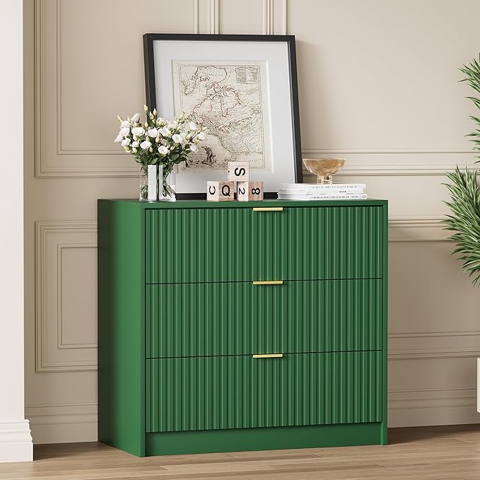 Furniway Green Dresser Bedroom Set 3 Pieces, Nightstands Sets of 2, 8 Drawer Dresser with Gold Handles for Bedroom