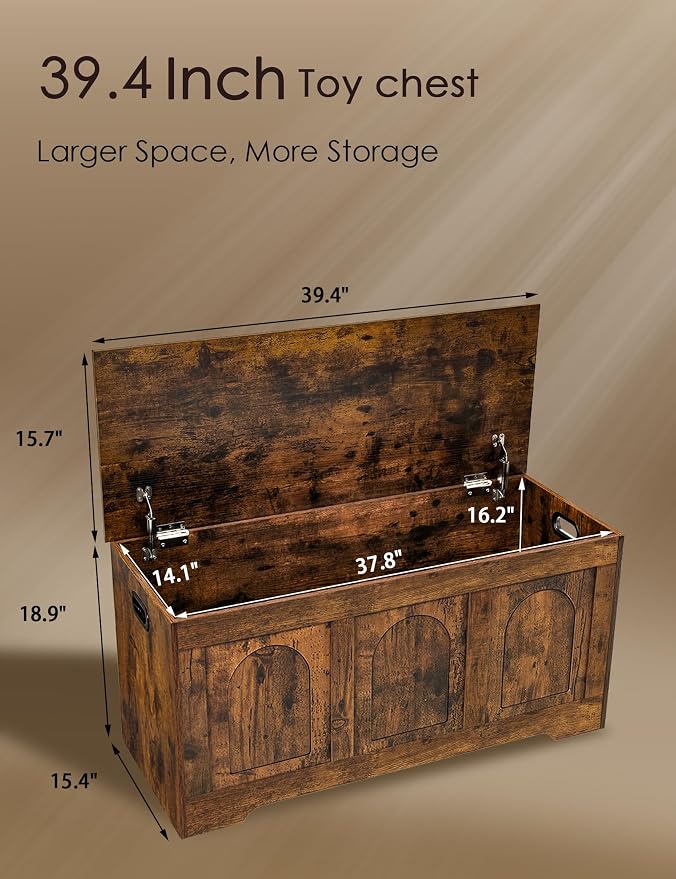 DINZI LVJ Storage Chest, 39.4” Wooden Toy Box with 2 Safety Hinges, Entryway Shoe Bench with Flip-Top, Sturdy Large Storage Trunk for Living Room, Bedroom, Playroom, Easy Assembly, Rustic Brown - Image 3