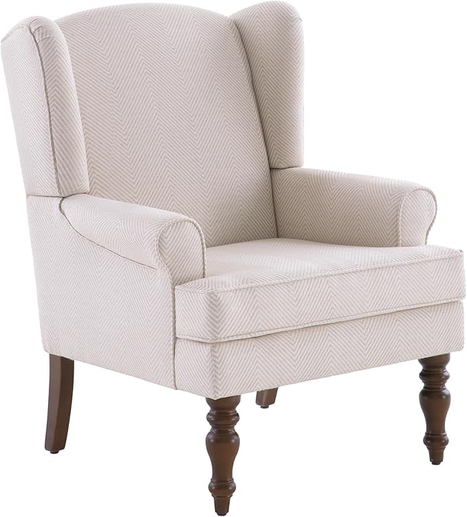 HUIMO Living Room Chair Upholstered High Back Armchair Retro Printed Wingback Chair in Linen for Bedroom & Study Comfy Accent Sofa Chair Reading Chair Holds 300lbs (2, Tan with Lines)