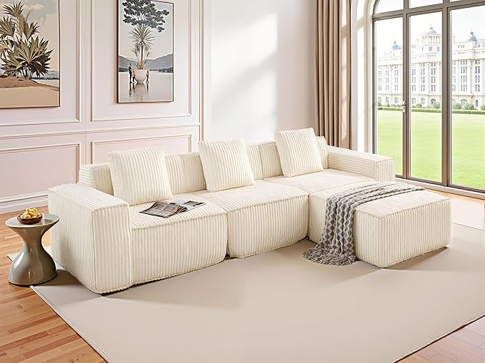 L-Shaped Corner Corduroy Sectional Sofa 4 Seat Modular Boneless Sofa Foam Cloud Couch with Movable Ottoman and Toss Pillows,Modern Deep Seat Convertible Chaise Sofa