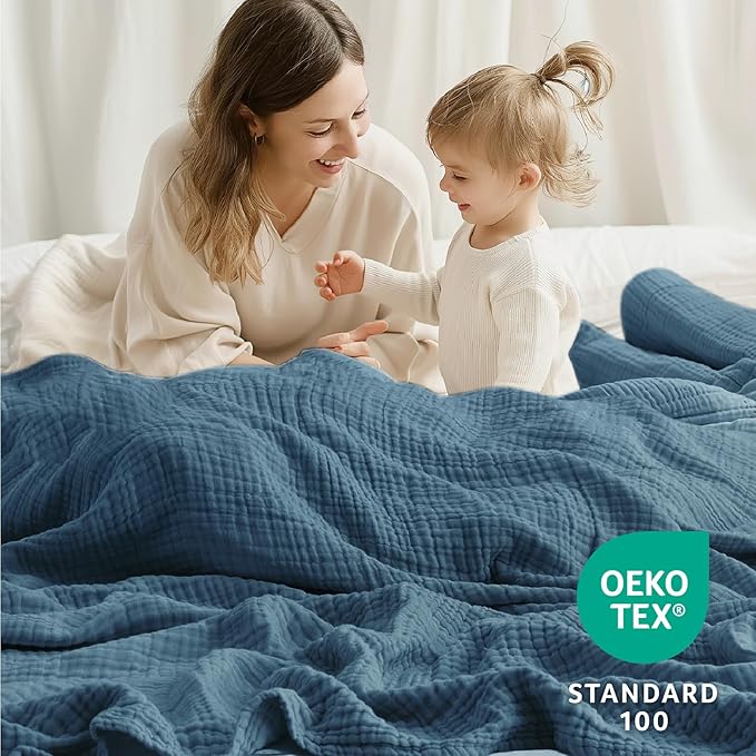 100% Cotton Muslin Blanket Twin XL 66" x 90", 6 Layers Breathable and Lightweight Twin Blanket for Bed, Soft Boho Bedspread, Gauze Bedding for All Season, Blue