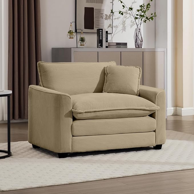 KEIKI 45" Oversized Corduroy Modular Sectional Single Sofa with High-Density Foam Cushions, Removable Armrests, Upholstered Modern 1-Seater Lounge Accent Chair with 1 Pillow, for Living Room, Tan