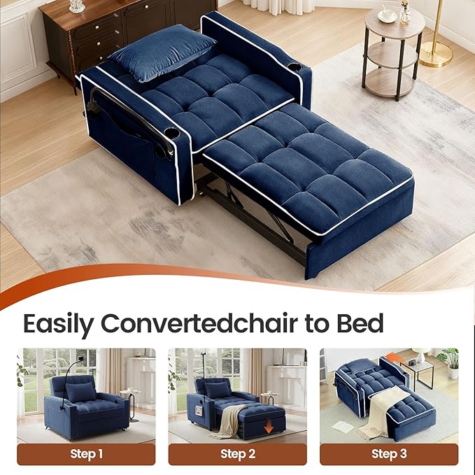 Sleeper Chair, Convertible Pull Out Chair Sleeper with Bracket and Cup Holder, Chairs Bed Sleepers for Adults, 3 in 1 Sofa Bed Chairs for Small Spaces, Living Room, Blue
