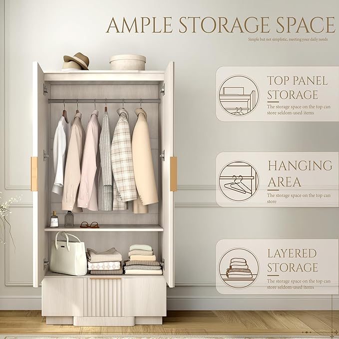 Yechen 67" Fluted Armoire Wardrobe Closet with Doors and Drawer, Wooden Wardrobe Cabinet with Adjustable Shelve, Modern Small Armoires for Hanging Clothes Coats for Bedroom, White Grey