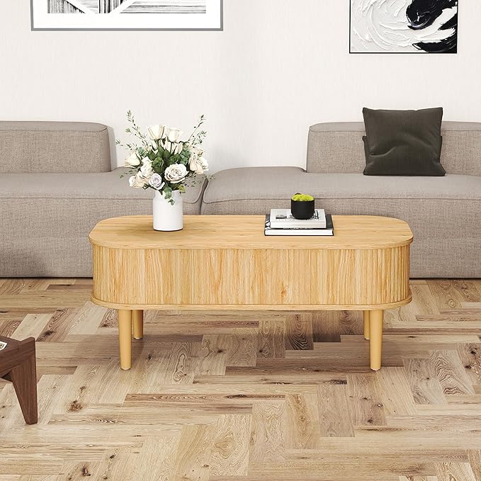 Coffee Table, Fluted Lift Top Coffee Tables for Living Room, Center Tables with Hidden Compartment, Modern Oval Coffee Table for Home Office, Natural