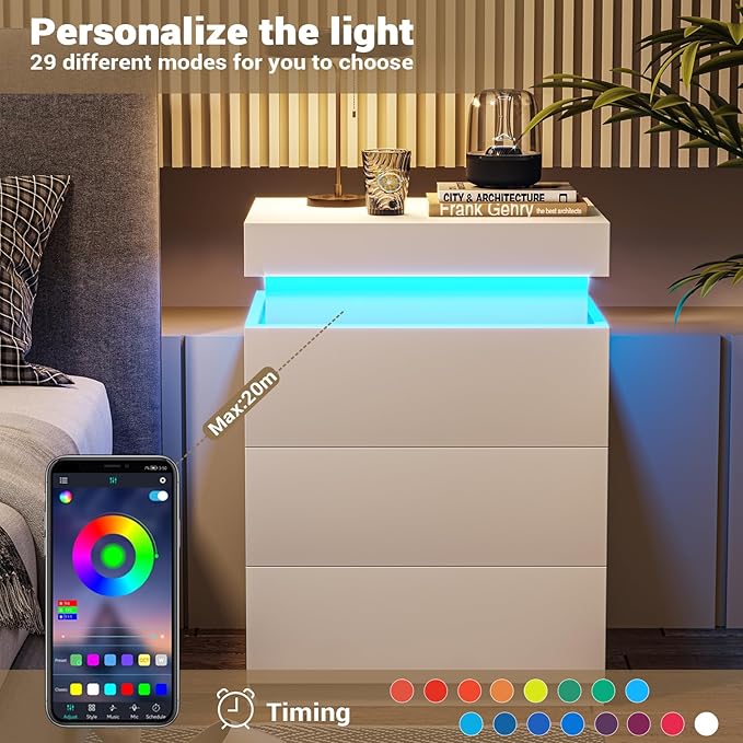ADORNEVE Nightstand with Charging Station and LED Lights,Night Stand with Sliding Top for Bedroom,Bedside Table with Drawers,Modern End Side Table,White - Image 5