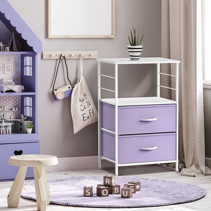 Sorbus 2 Drawer Shelf Storage Nightstand - Kids Bedside Furniture End Table Night Stand with Steel Frame Wood Top & Easy Pull Fabric Bins, Dresser & Chest for Home Bedroom Accessories Office & College - Image 6
