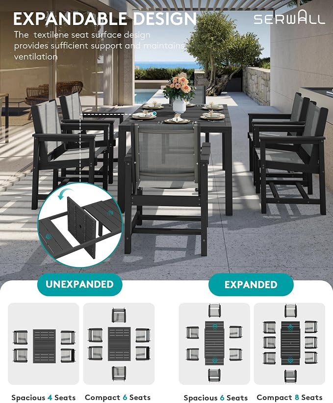 SERWALL 9-Piece Outdoor Dining Set, 60" - 83" Expandable Patio Dining Table with 8 Breathable Textilene Chairs, All Weather HDPE Patio Furniture Set, Black - Image 2