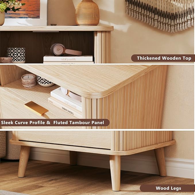 Fluted Nightstand, Night Stand with Charging Station, Mid Century Modern Bedside Table with Drawer & Open Shelf, Curved Profile Design, End Side Table with Storage for Bedroom, Oak - Image 4