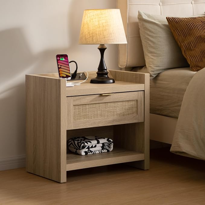 SICOTAS Rattan Nightstand End Table - Boho Night Stand Bedside Table with Type-C Charging Station, Wicker Decor Drawer Storage Cabinet Night Stand for Bedroom - Light Oak by SICOTAS