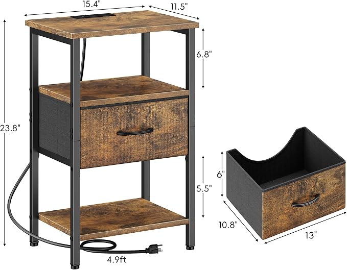 Vagusicc Nightstand with Charging Station, Bed Side Table with Adjustable Fabric Drawer, Night Stand for Bedroom, 3-Tier End Table with Storage Shelf for Living Room, Tall Bedside Table, Brown - Image 3